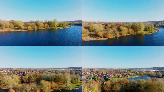 英国米尔顿·凯恩斯（MiltonKeynes）村庄的航拍照片显示了一个大湖