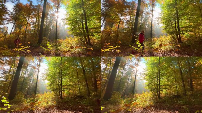 在一个阳光明媚的秋日，一个女人沿着林间小路奔跑
