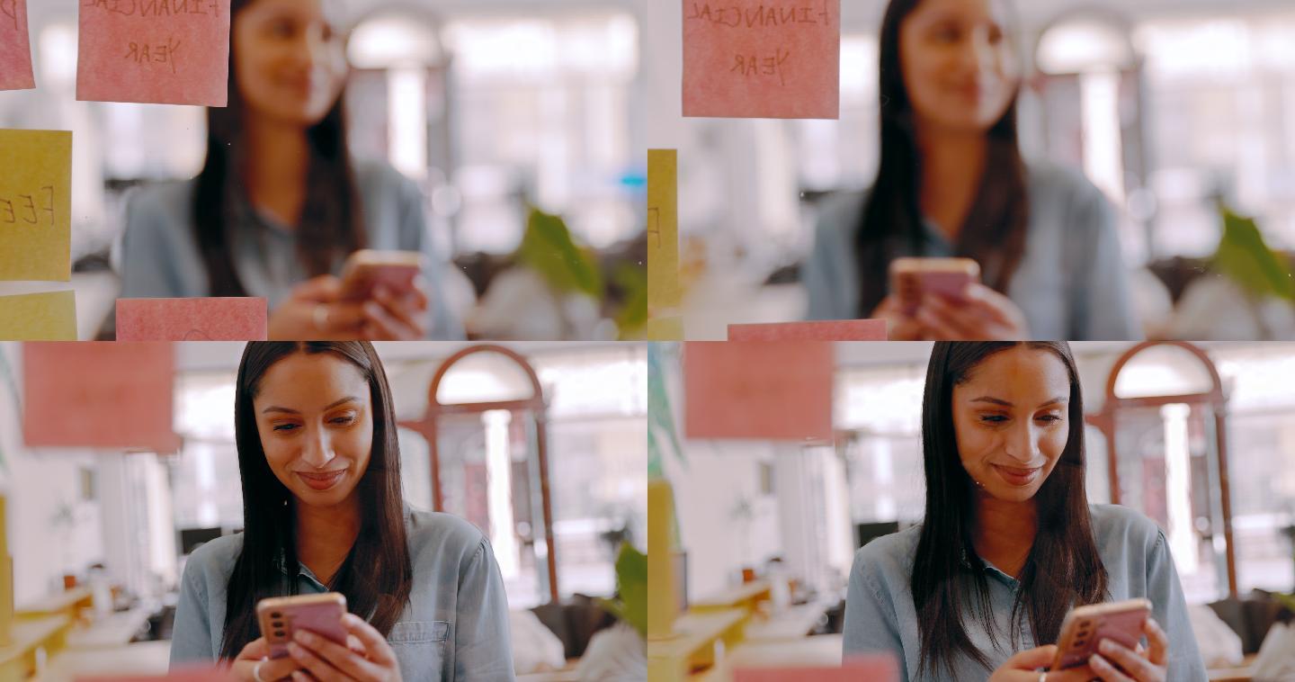 一名年轻女商人在办公室玻璃墙上头脑风暴时使用手机的4k视频片段