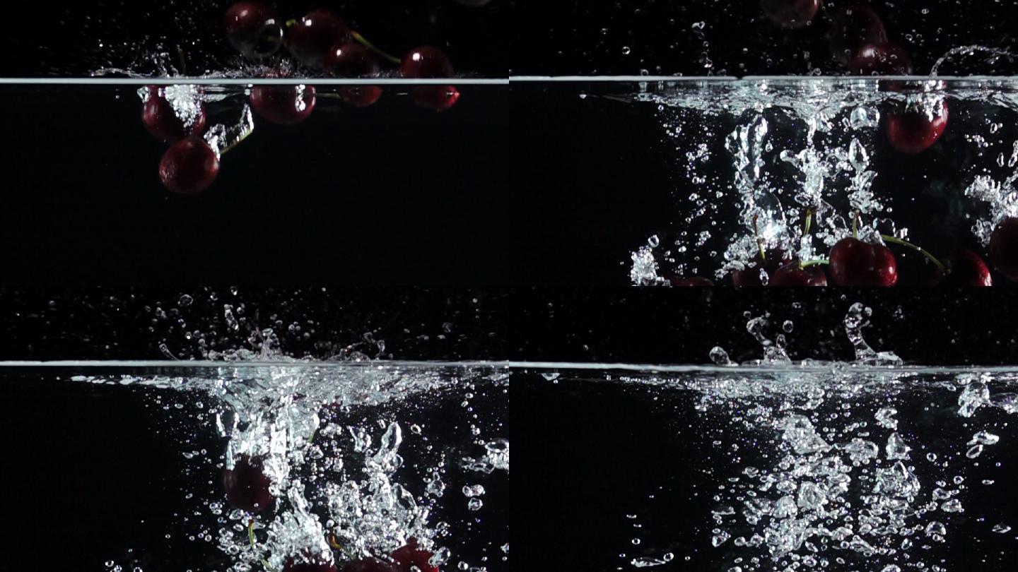 超慢镜头：黑色背景下樱桃掉进淡水中