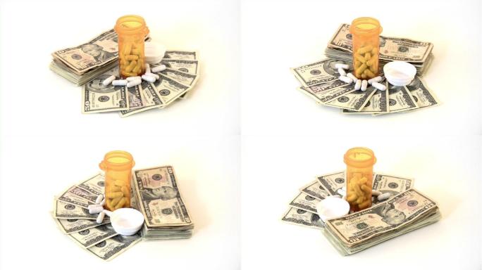 金钱和药物。医疗费用。美元，现金，毒品，药片。
