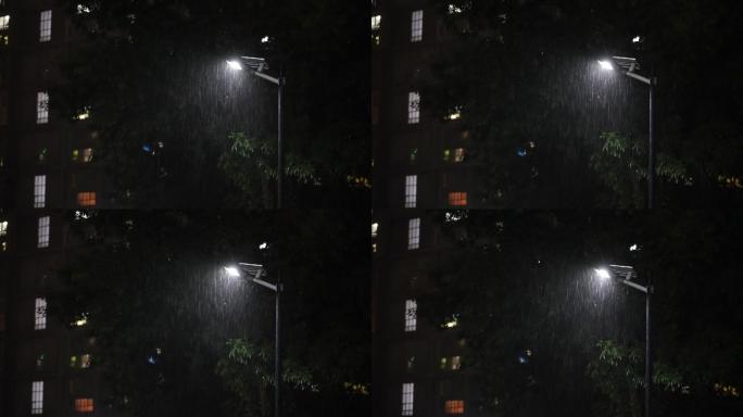 黑夜下雨 下雨 楼房  雷声 闪电 路灯