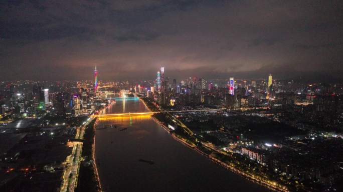 广州城市旁晚夜景灯光全貌