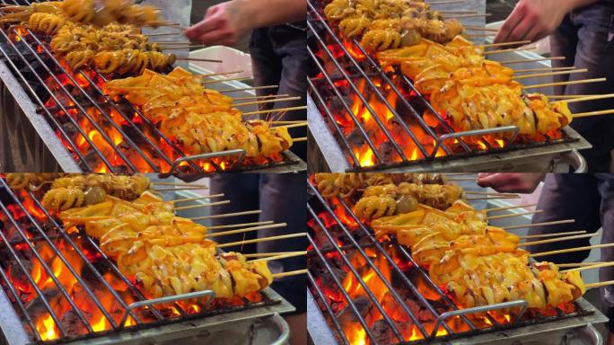 传统食物、烧烤章鱼和鱿鱼、特色海鲜Yaowarat Road，曼谷，泰国