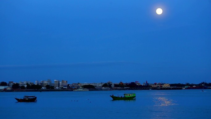 广东湛江海岸线夜晚蓝天月亮