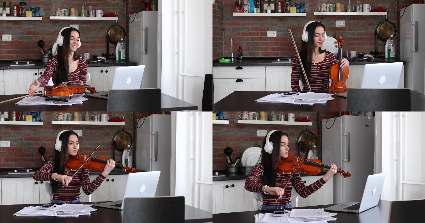 一个音乐学校的天才学生在家上课。她的小提琴课正在上。