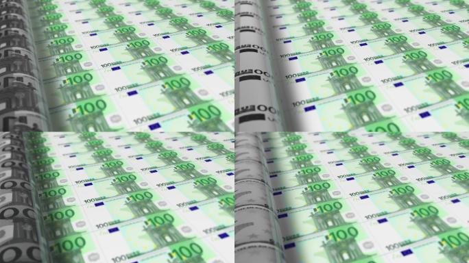 EU Euro印刷机打印当前100欧元纸币，无缝循环，欧盟货币背景，4K，焦点深度