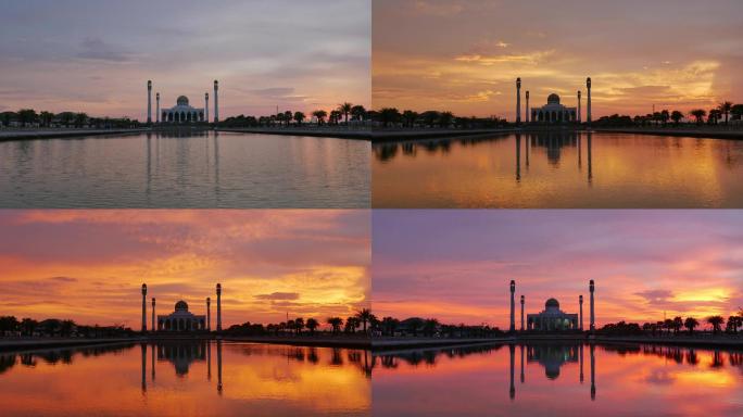 4K延时镜头美丽的清真寺和美丽的日落