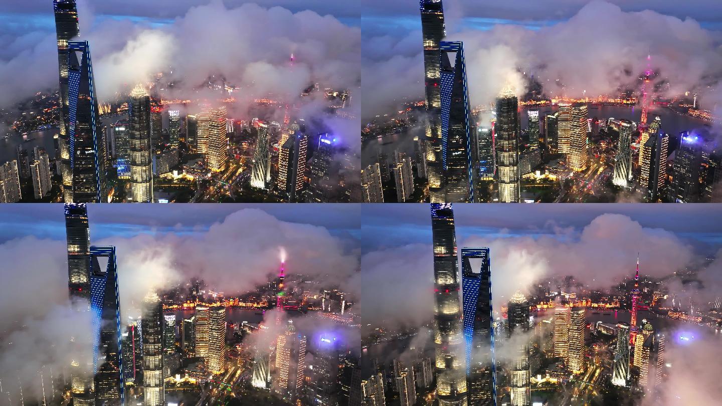 上海陆家嘴夏季夜晚平流雾延时航拍