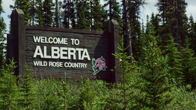 “欢迎来到阿尔伯塔，野生玫瑰之乡”的标志在一个多云的日子里被森林环绕