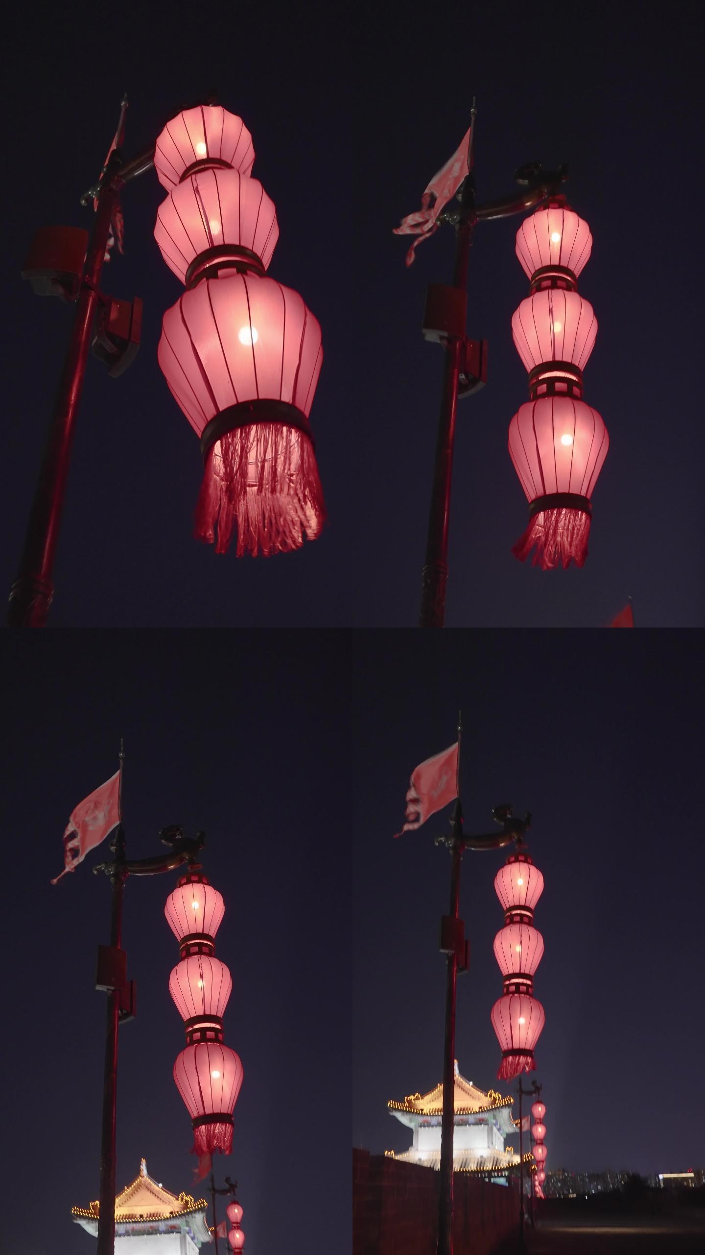 晚上古城墙顶上的灯笼/中国陕西西安