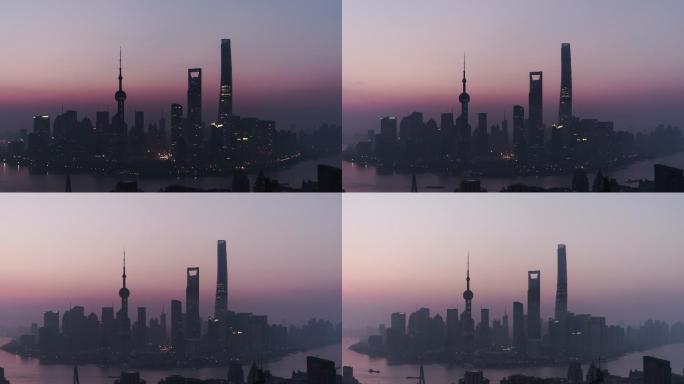晨曦中的上海天际线鸟瞰图，从早到晚/中国上海