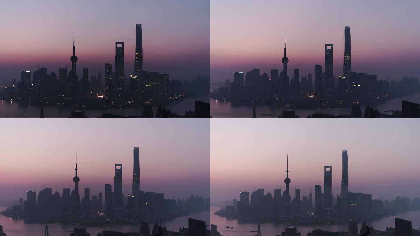 晨曦中的上海天际线鸟瞰图，从早到晚/中国上海