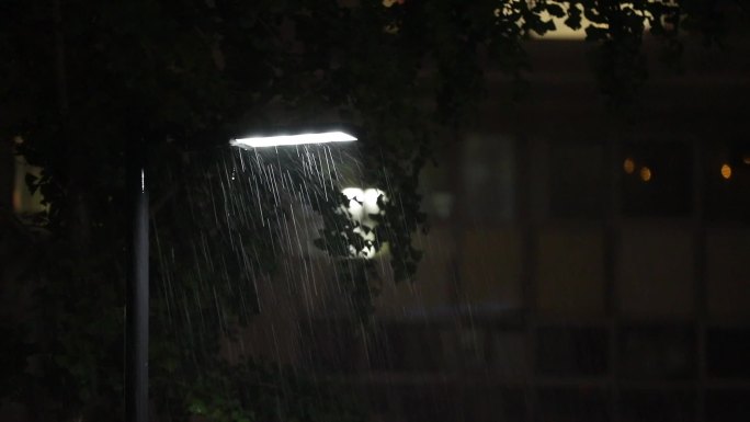 黑夜下雨 下雨 楼房  雷声 闪电 路灯