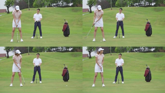 中国亚裔成熟女子高尔夫球手在高尔夫球场边打高尔夫球边看朋友