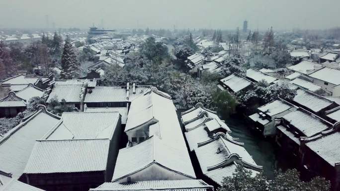 千年古镇乌镇雪景航拍风光互联网大会