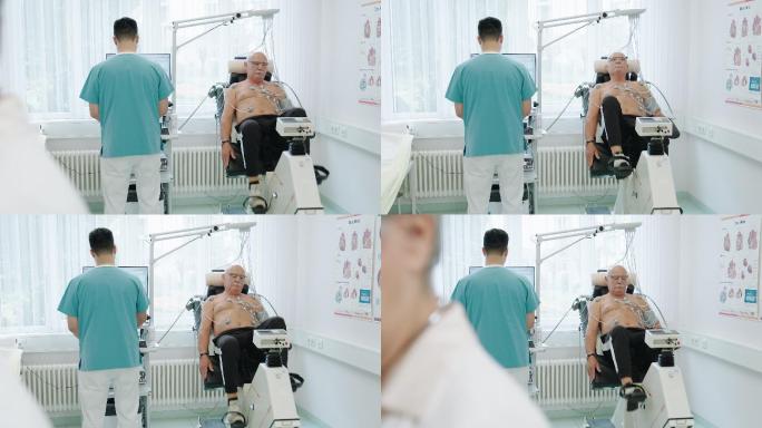 静态自行车上进行心脏压力测试的老年男性患者