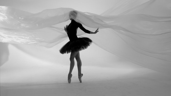 美丽的芭蕾舞演员，在薄薄的尼龙后面跳舞。