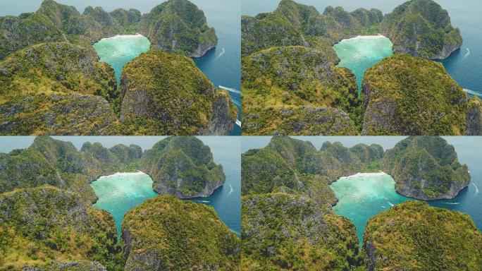 泰国披披披群岛热带玛雅湾和石灰岩悬崖的无人机鸟瞰图
