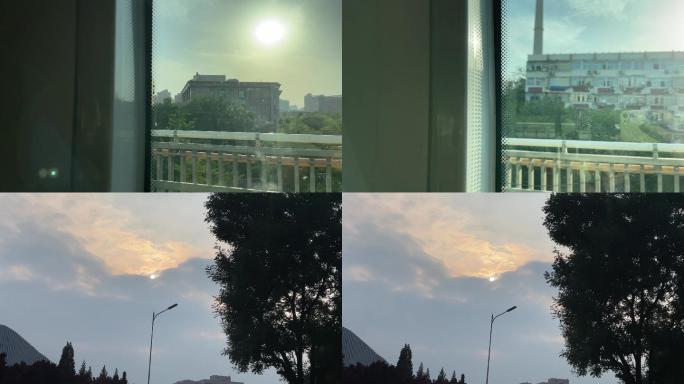 朝阳夕阳风景北京公交车窗外景色傍晚