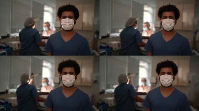 手术室佩戴防护面罩的护士