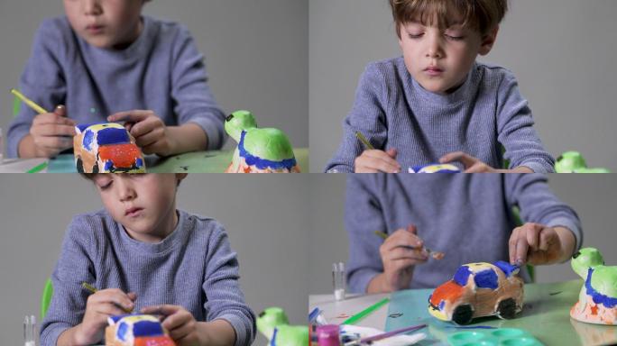 小男孩画陶俑立体石膏涂色填色想象兴趣天赋