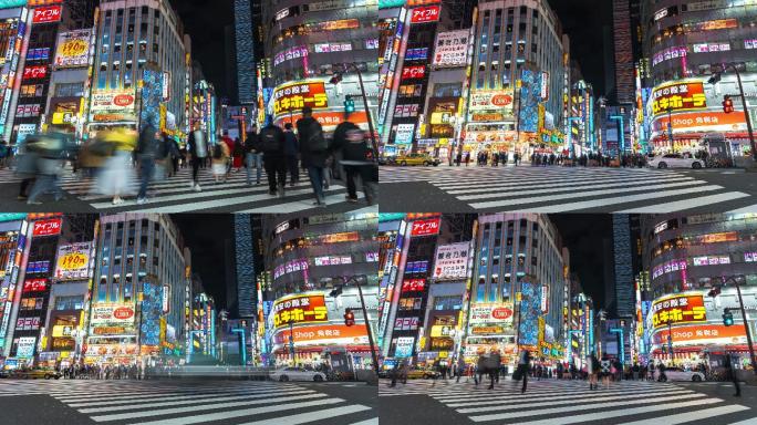 4K延时：日本东京哥斯拉路新宿区夜间购物街上的交通和行人