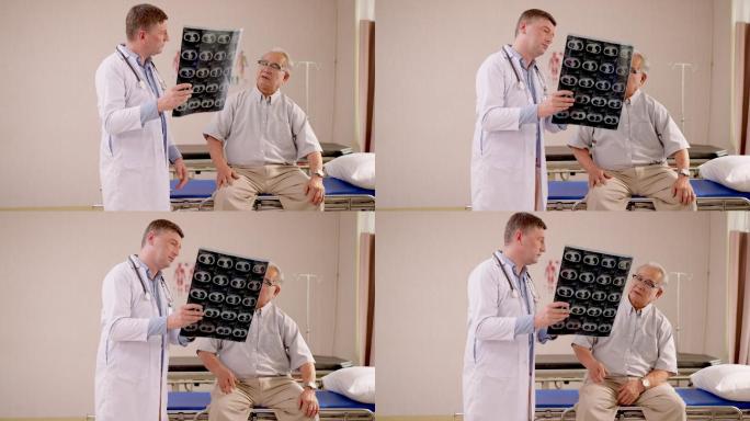 身穿实验室工作服的自信男医生展示并解释老年男性患者腹部的x射线扫描图像。放射学、保健、外科和医学概念