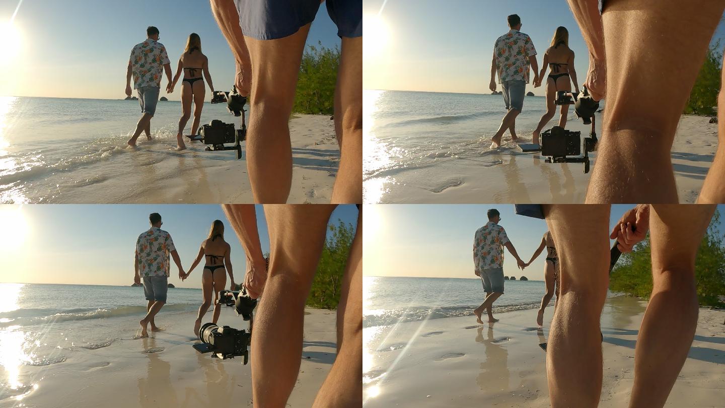 朋友们在热带海滩散步。双脚特写