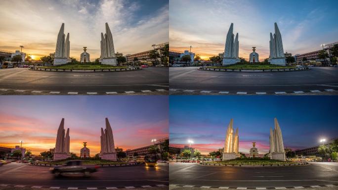 民主纪念碑的4K Timelapse视频是日落时分泰国曼谷宪法纪念碑的历史。