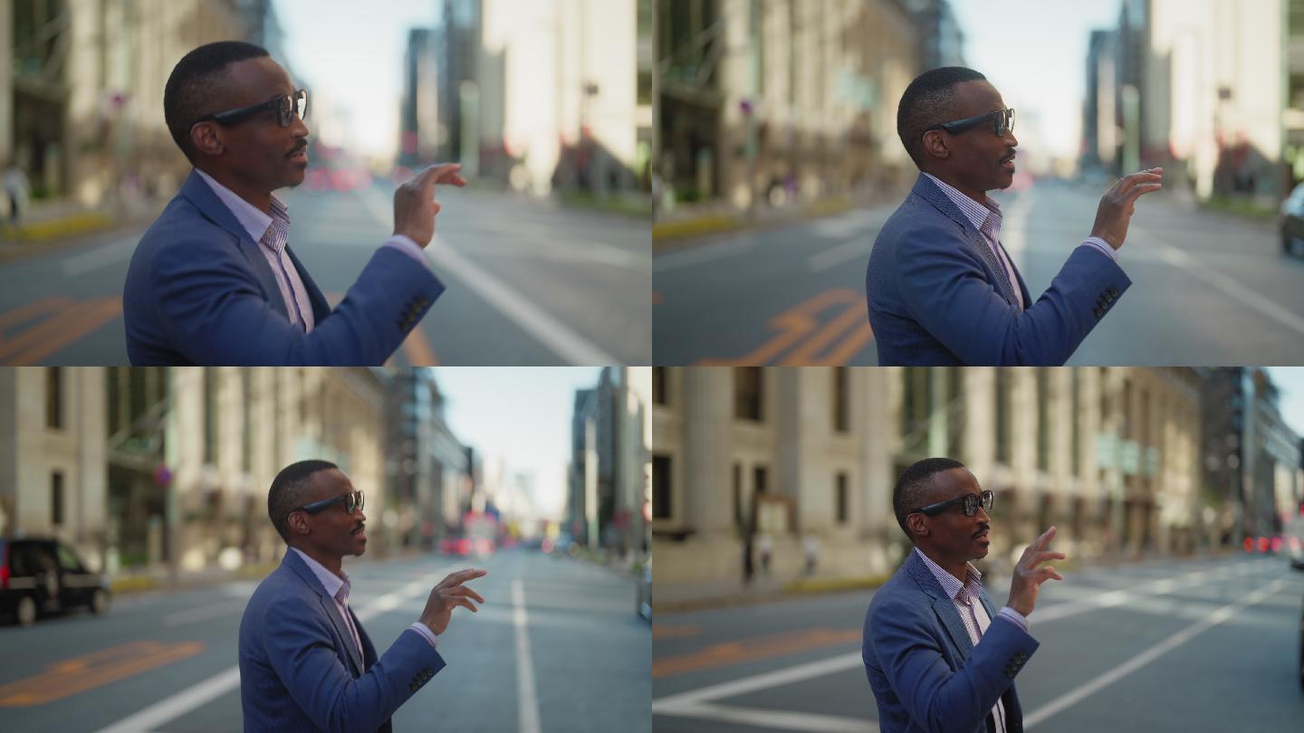 黑人商人戴着智能眼镜上下班。黑人商人戴着智能眼镜，在市中心金融商业区通勤时，在增强现实metaver