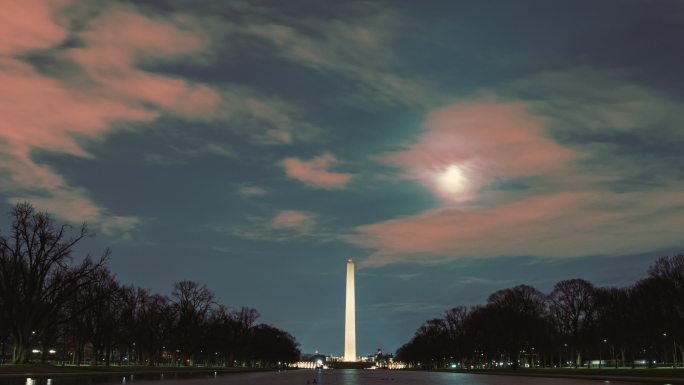 美国华盛顿纪念碑夜间倒影池延时图