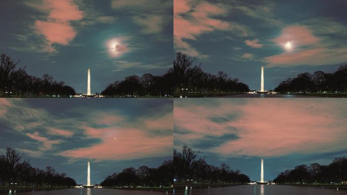 美国华盛顿纪念碑夜间倒影池延时图