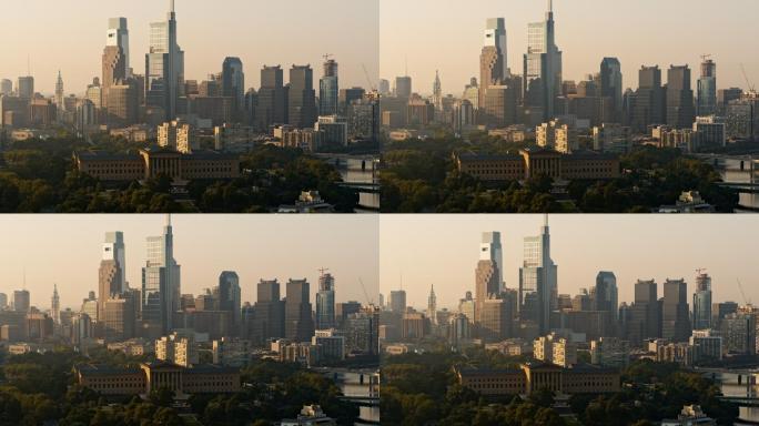 清晨，在烟雾弥漫的情况下，费城市中心尽收眼底。具有平移摄影机运动的航空视频。