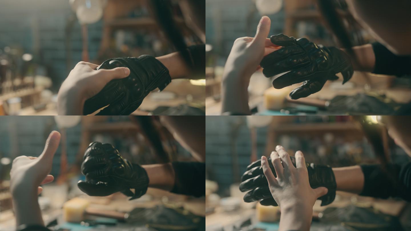 一位年轻的亚洲女性正在工作台上制作皮手套