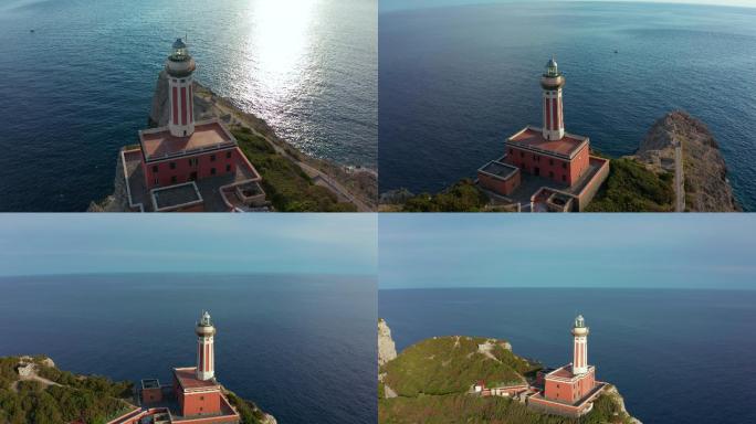 卡普里岛上空无人驾驶飞机拍摄的卡雷纳角灯塔的空中镜头。4K。