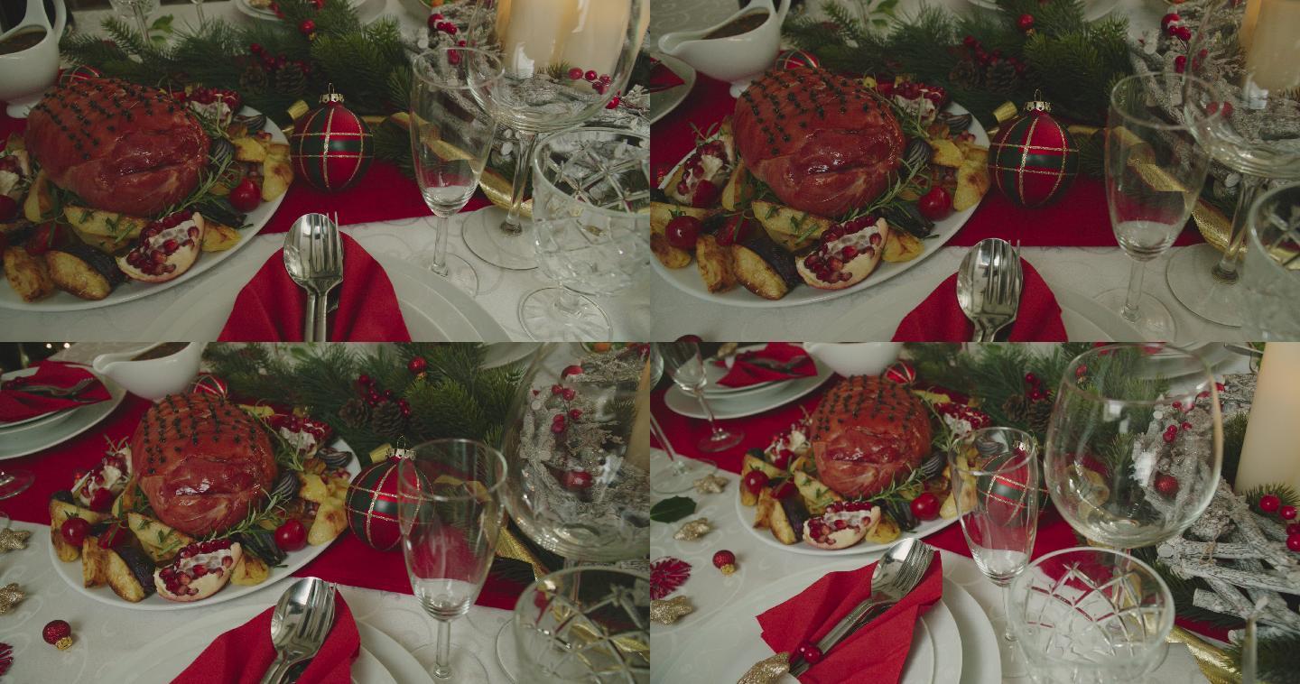 圣诞晚餐，配上釉的节日火腿、丁香、蔬菜、馅饼和蛋酒橘子馅饼