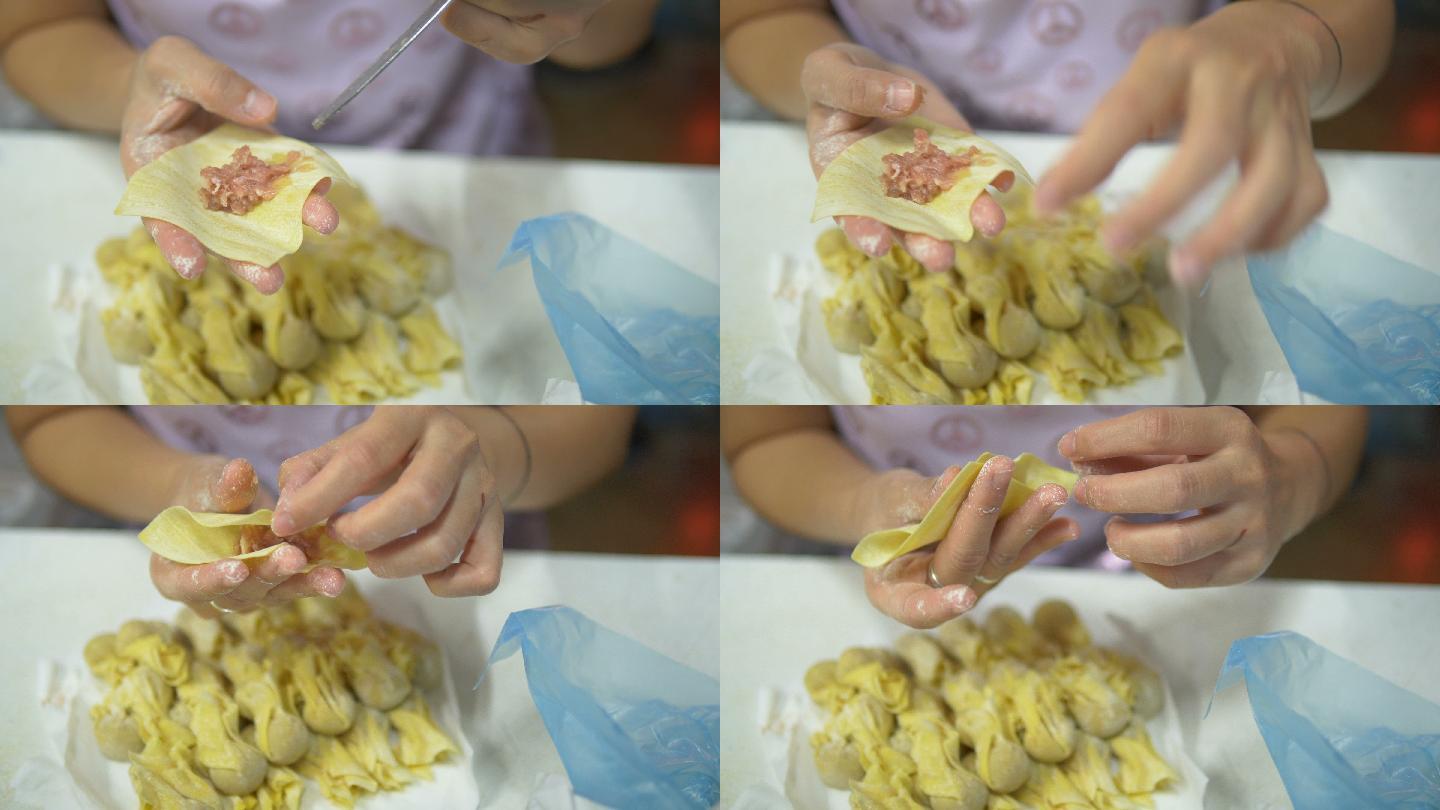 亚洲女性手工制作馄饨和饺子馅。