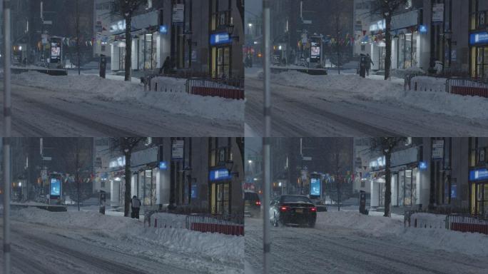 暴风雪纽约冬季街夜郊区阿斯托里亚