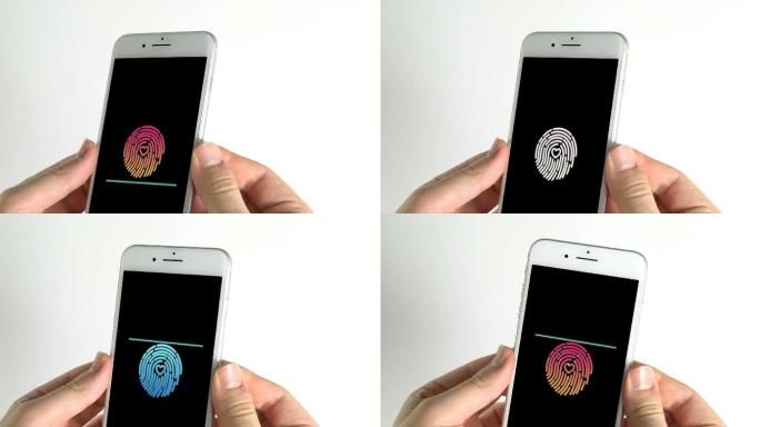 男人使用智能手机和黑色背景屏幕扫描手指上的彩色指纹