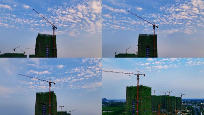4K蓝天白云下的建筑工地塔吊