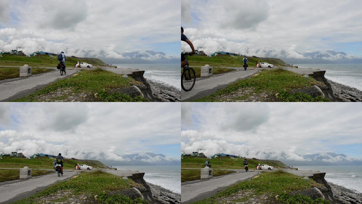 台湾花莲县太平洋海岸线骑车旅行的游客