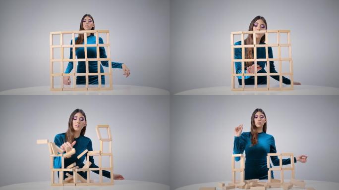 玩积木的女人抽象推到积木创意慢镜头