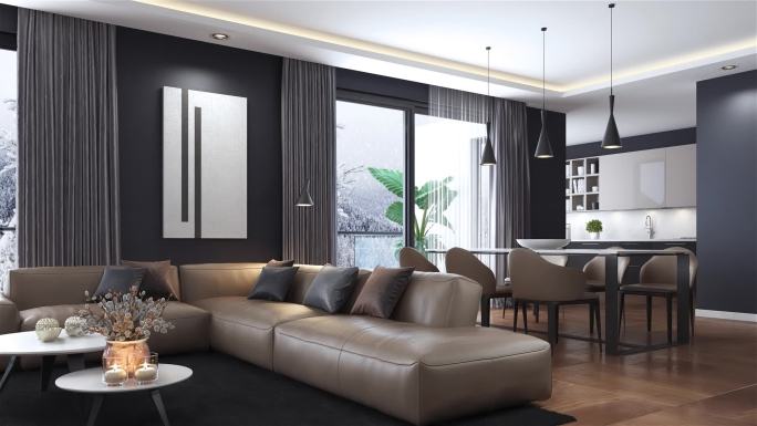现代极简主义公寓室内设计。客厅，带厨房和餐厅。冬季有雪概念。