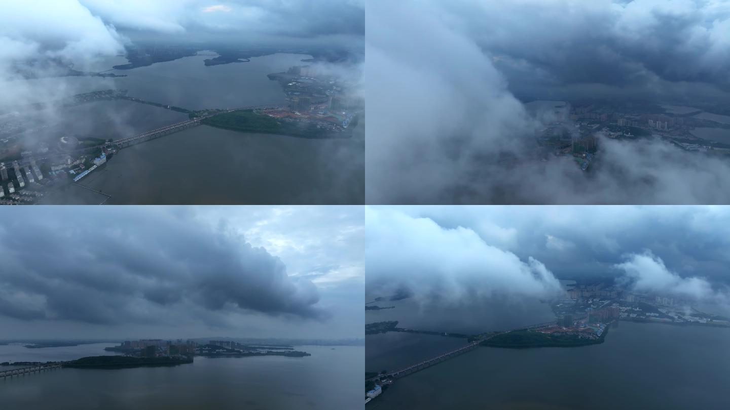 在武汉汤逊湖上空腾云驾雾穿云航拍云海湖景