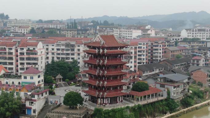 城市航拍湖南靖州地标望江楼古建筑