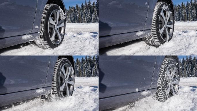 在极端冬季天气条件下，汽车卡在多雪的乡村道路上