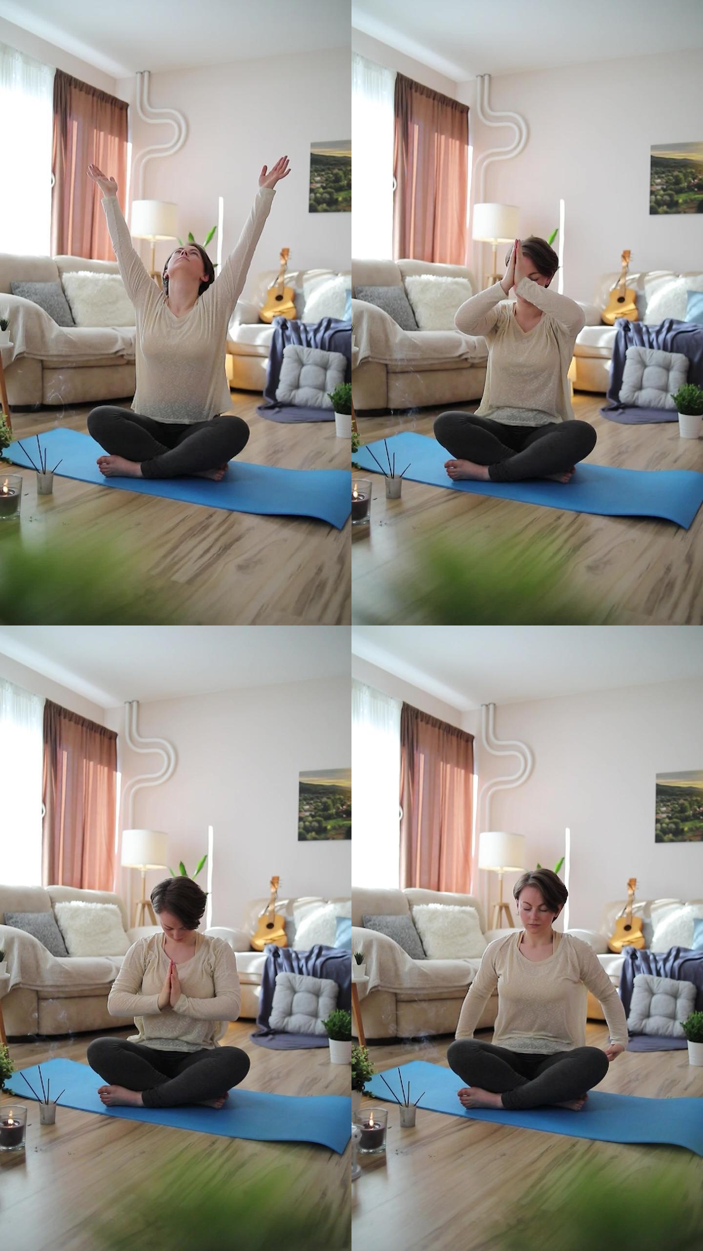 在公寓里练习瑜伽的女人。