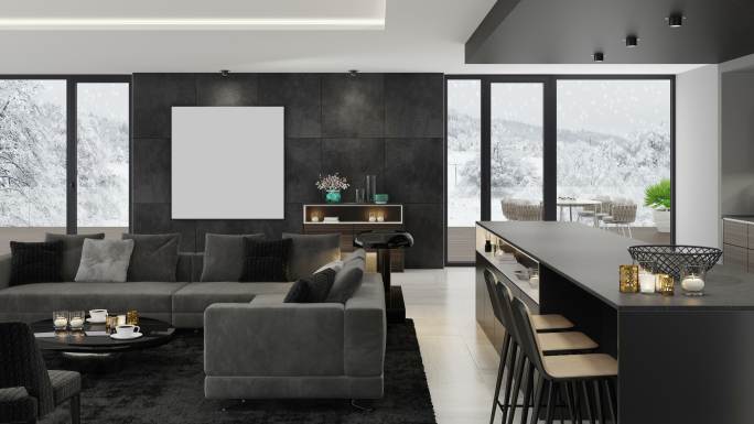 4k现代简约公寓室内设计。客厅，带厨房和餐厅。冬季场景。