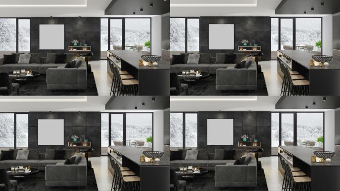 4k现代简约公寓室内设计。客厅，带厨房和餐厅。冬季场景。